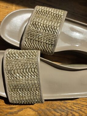 DONALD PLINER woven Strap Slide Sandals - Taupe Msrp $198